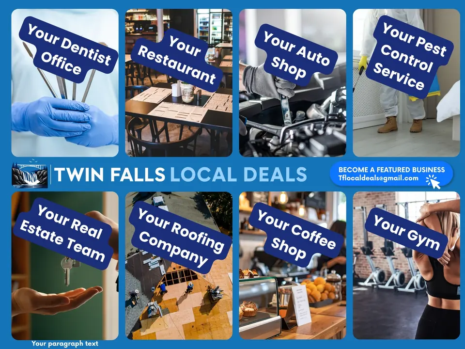 Sample Twin Falls Local Deals community mailer with eight local business categories